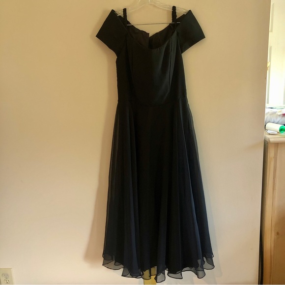 Vintage ‘90s Black Bardot Neckline Tea-Length Gown - Picture 2 of 9